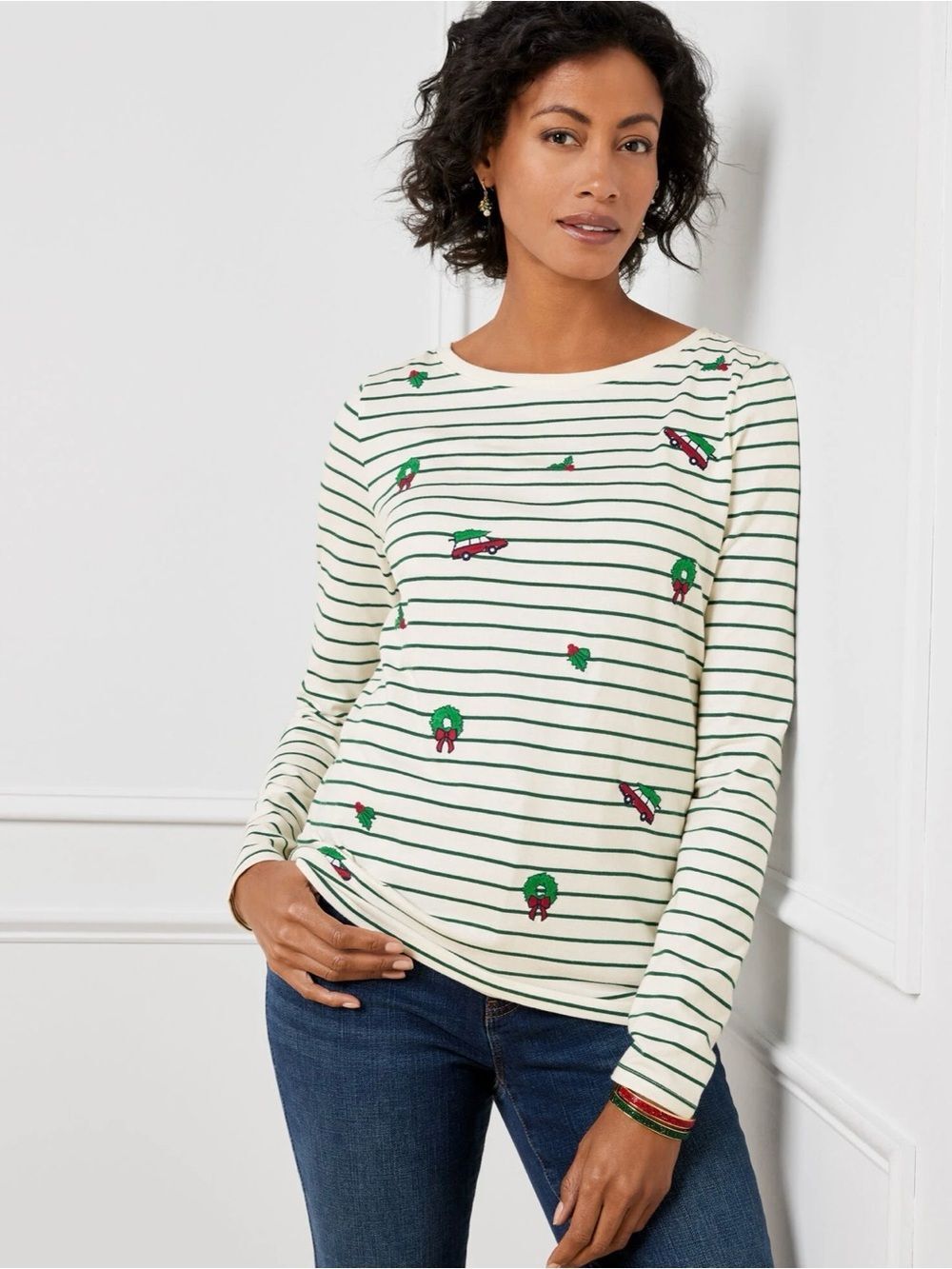 Talbots Embroidered Holiday Cars & Wreaths Striped Bateau Neck Tee 1XP